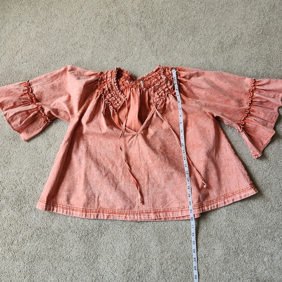 Free People Peach Flutter Sleeve Blouse with Smocked Ruffles Boho Bohemian Baggy - Picture 9 of 12